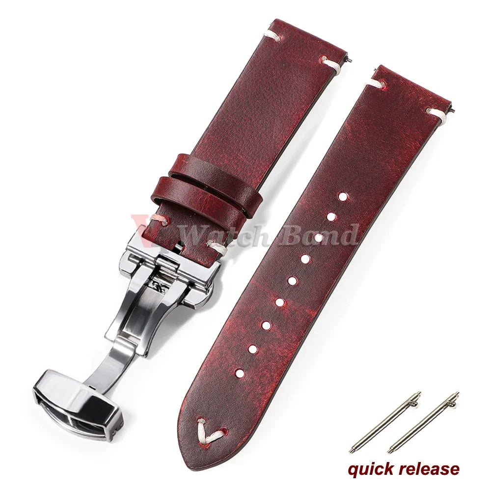Oil Wax Stitching Cowhide Strap for Omega 18/20/22mm Quick Release Bracelet ForSeiko Vintage Leather Watch Band Butterfly Buckle