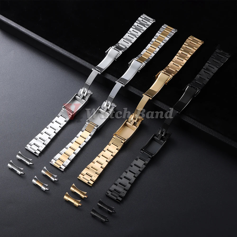 Curved End Metal Watch Strap 20mm for Rolex for Oyster Perpetual Stainless Steel Wrist Band Folidng Buckle Bracelet Accessories