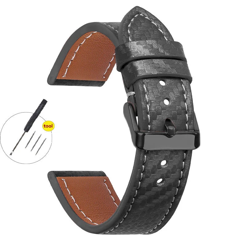 Carbon Fiber Texture Leather Strap for Seiko Cowhide Leather Watchband Soft Men Watch Accessories Wrist Belt 18mm 20mm 22mm 24mm