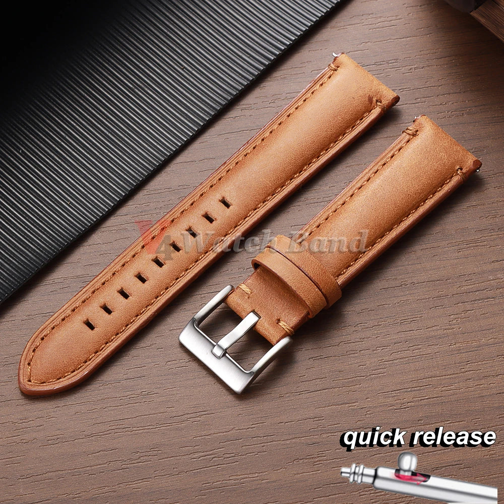 Cowhide Leather Watch Strap 20mm 22mm 24mm for Fossil Band for Samsung Galaxy Watch 7/6/5/4 Vintage Brown Quick Release Bracelet