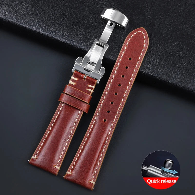 Stitching Cowhide Strap for Omega 20mm 22mm 24mm Yellow Wrist Bracelet for Seiko BlackVintage Leather Watchband Butterfly Buckle