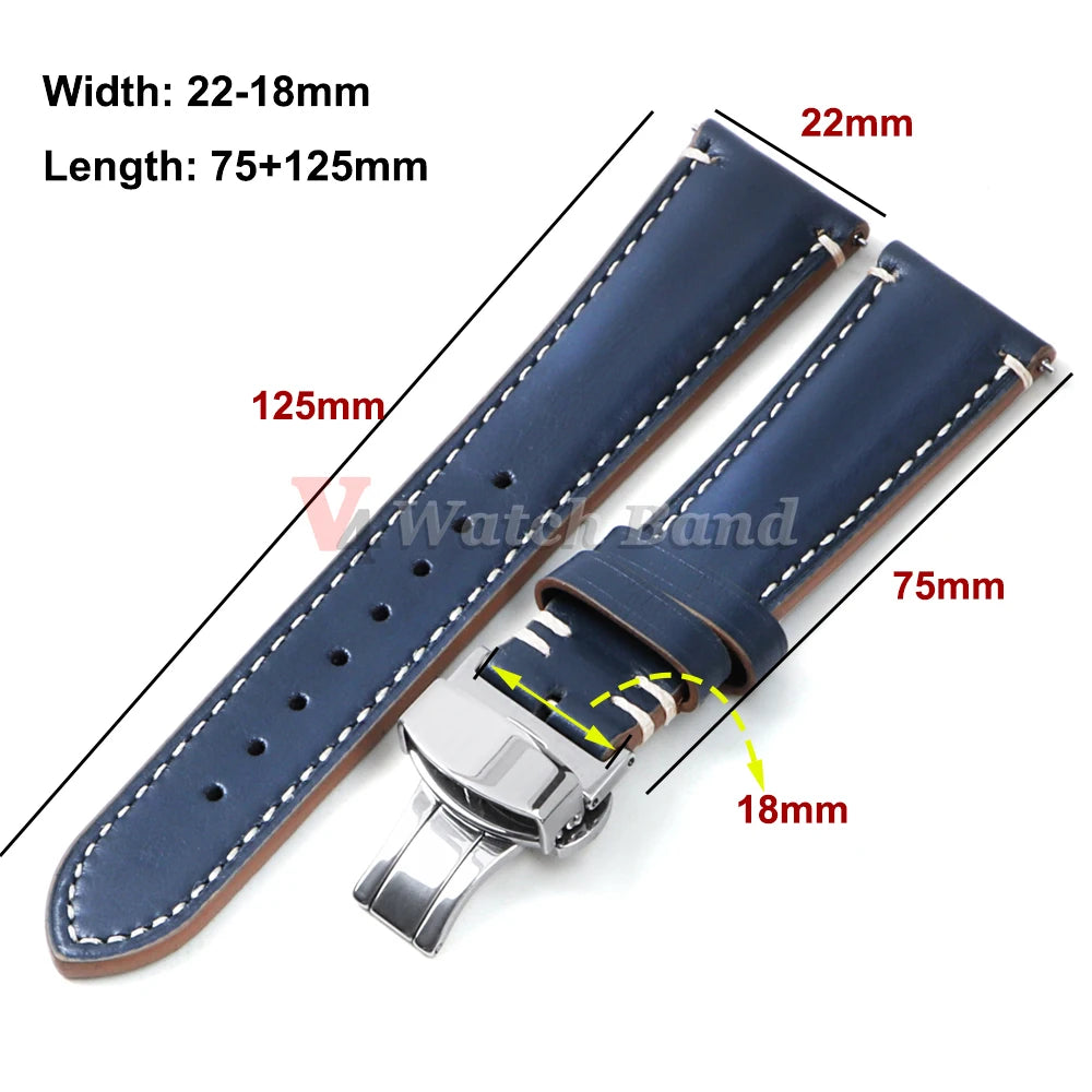 Stitching Cowhide Strap for Omega 20mm 22mm 24mm Yellow Wrist Bracelet for Seiko BlackVintage Leather Watchband Butterfly Buckle