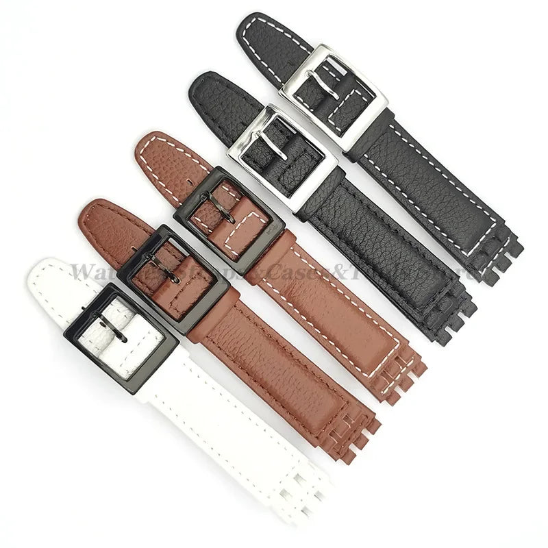 17mm Cowhide Leather Strap for Swatch Lychee Leather Watch Band for Men Women Belt Metal Buckle Replacement Bracelet Accessories