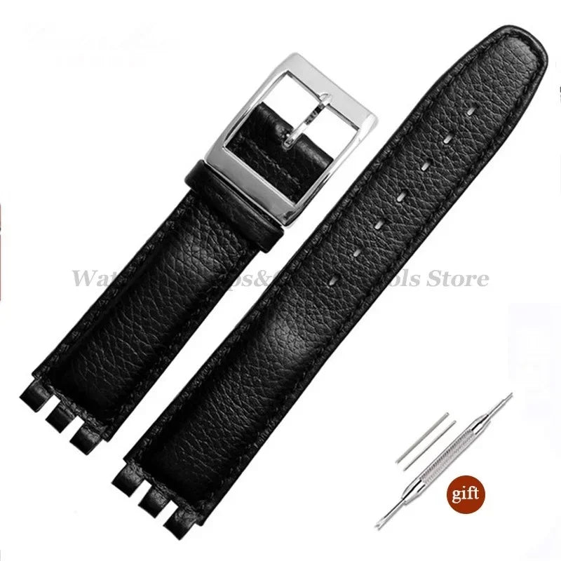 17mm Cowhide Leather Strap for Swatch Lychee Leather Watch Band for Men Women Belt Metal Buckle Replacement Bracelet Accessories