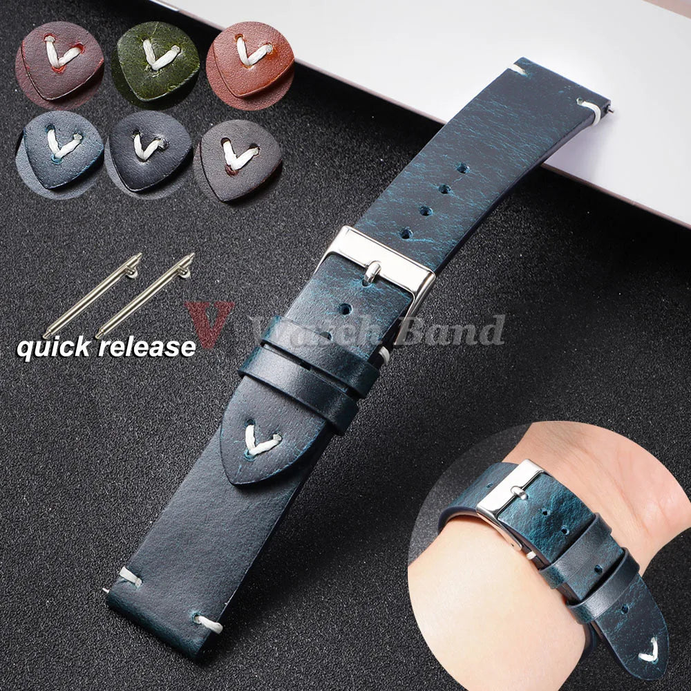 Quick Release Oil Wax Stitching Cowhide Strap for Omega 18mm 20mm 22mmBracelet For Seiko Vintage Leather Watch Band