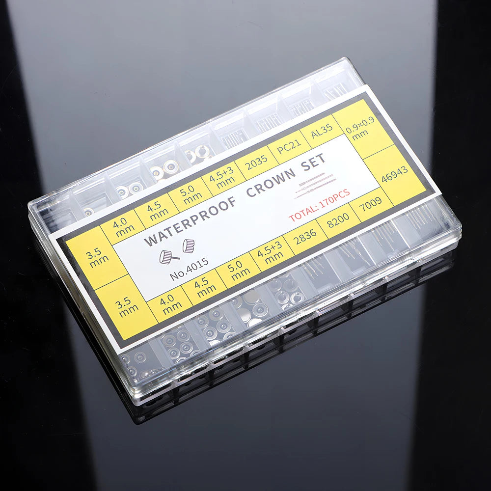 170Pcs/Box Watch Crown Parts Replacement Case Crown Stem Assorted Dome Flat Head Watch Accessories Repair Tool Kits with Box