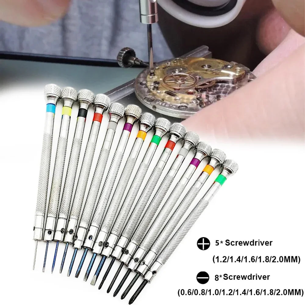 13pcs/set Steel Watch Screwdriver Portable Watch Repair Tools 0.6mm-2.0mm Slotted/Cross Removal Link Pins for Watchmaker Tools