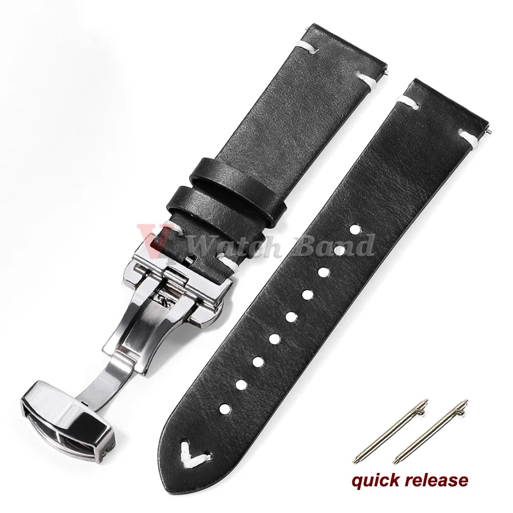Oil Wax Stitching Cowhide Strap for Omega 18/20/22mm Quick Release Bracelet ForSeiko Vintage Leather Watch Band Butterfly Buckle