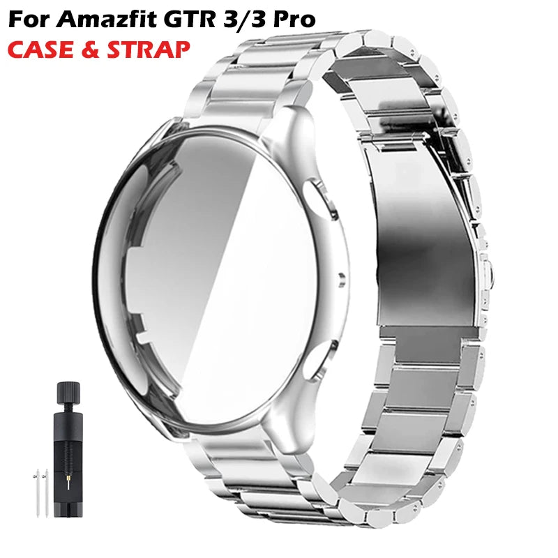 2 in 1 Case & Band For Amazfit GTR3 GTR 3 Pro Stainless Steel Strap Clear Protective Cover Bumper Set Smart Watch Accessories