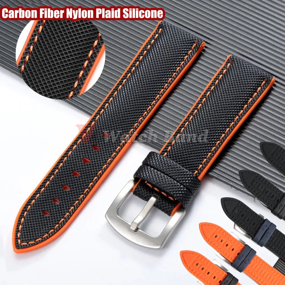 Carbon Fiber Nylon Plaid Silicone Strap 20mm 22mm 24mm for IWC for Casio for Seiko for Omega Rubber Watchband Universal Bracelet
