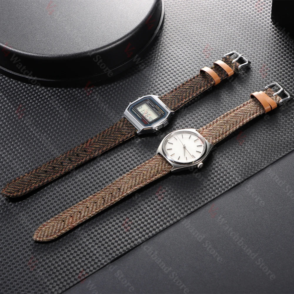 18/20/22mm Genuine Cowhide Nylon Watch Band Quick Release Strap Vintage Woven Tweed Fabric Bracelet Men Women Replace Wristband