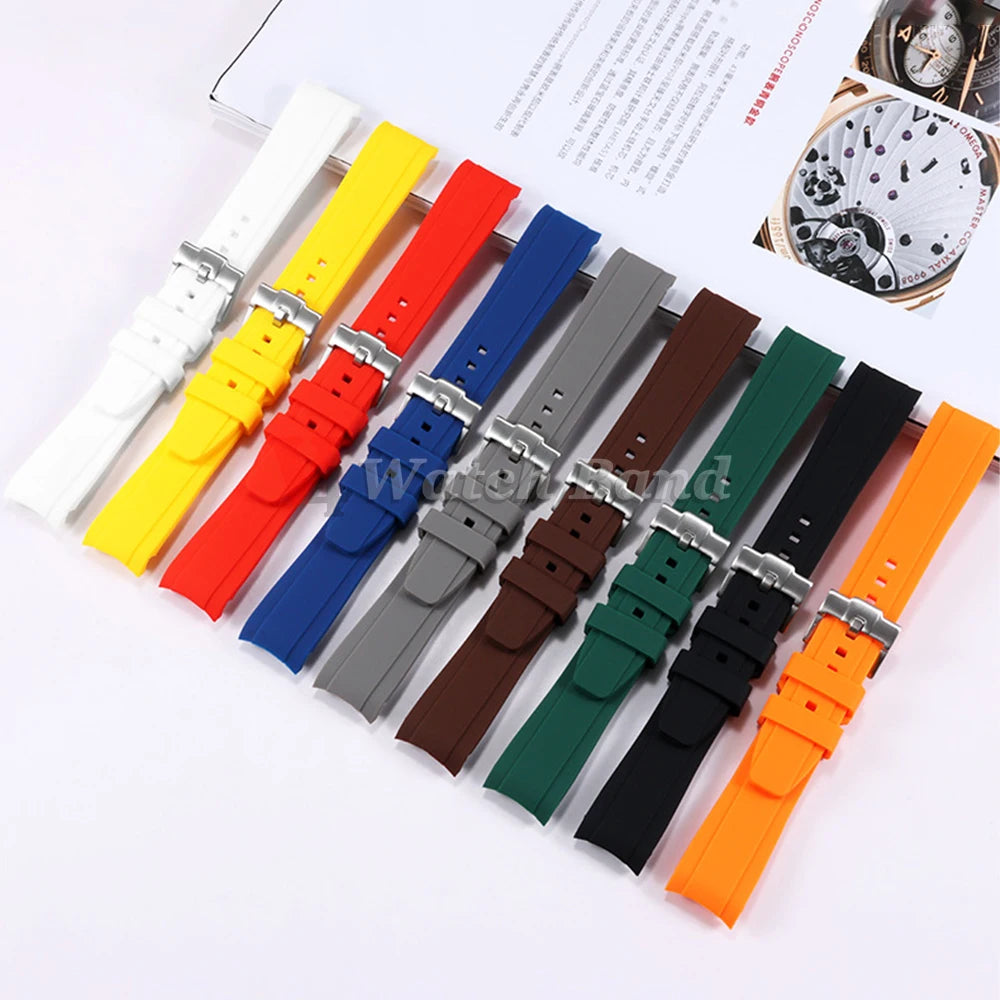 20mm 22mm Curved End Silicone Strap for Rolex for Omega for MoonSwatch Stainless Steel Gold Buckle Rubber Replacement Watch Band