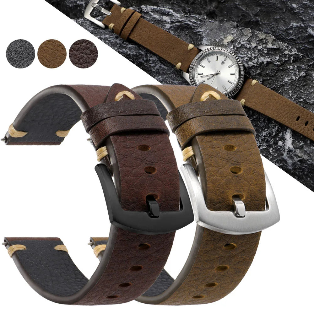 20mm 22mm Genuine Cowhide Straps for Watch Vintage Italian Distressed Leather Smart Watch Band Women Men Watch Accessories