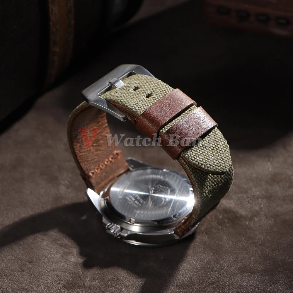 For Panerai for Omega Handmade Canvas Leather Watch Strap 20mm 22mm 24mm Army Green Men Women Watch Bracelet Military Watchband