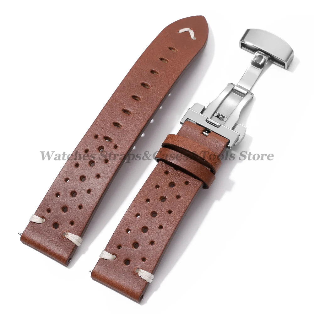20mm 22mm Genuine Cowhide Leather Watchband Strap for Seiko for Omega Oil Wax Discoloration Butterfly Buckle Business Bracelets