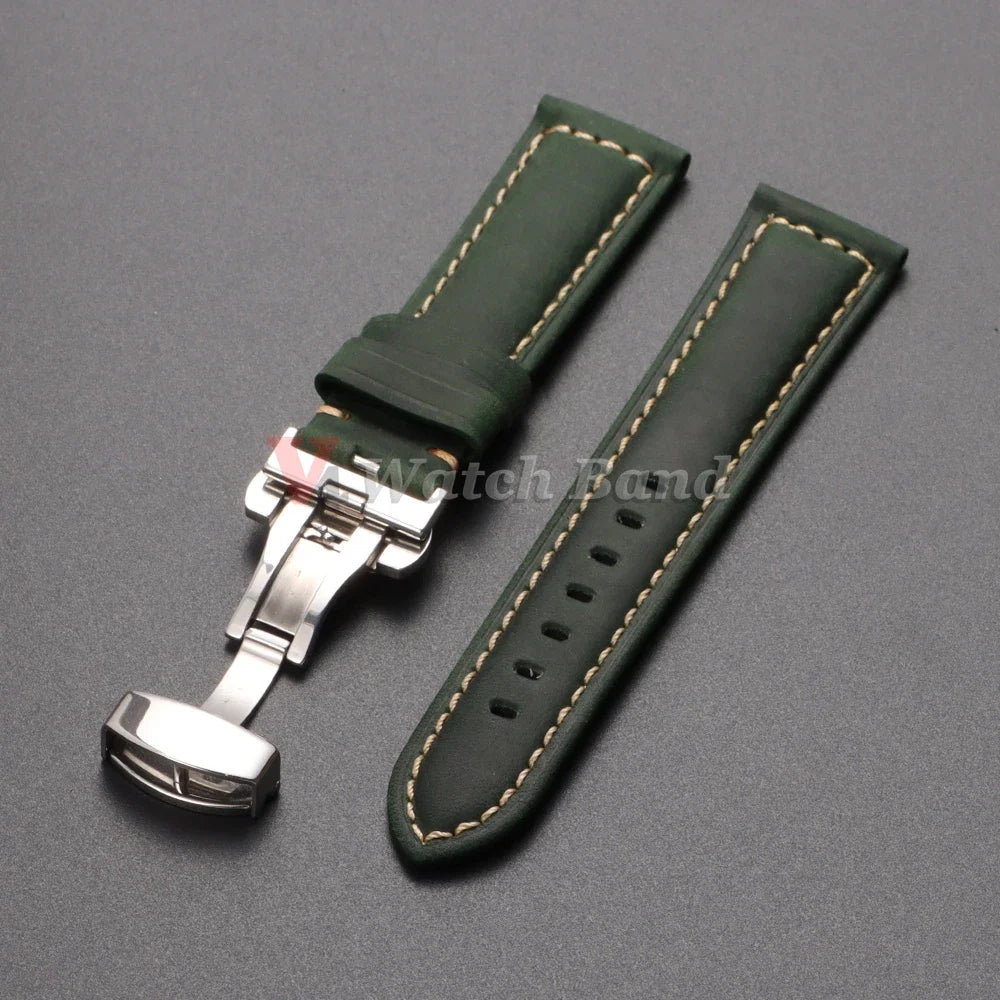 Retro Genuine Calfskin Watchband for Omega Business Watch Band 20mm 22mm 24mm 26mm Butterfly Buckle Stitching Blue Brown Strap