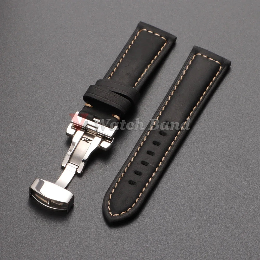 Retro Genuine Calfskin Watchband for Omega Business Watch Band 20mm 22mm 24mm 26mm Butterfly Buckle Stitching Blue Brown Strap