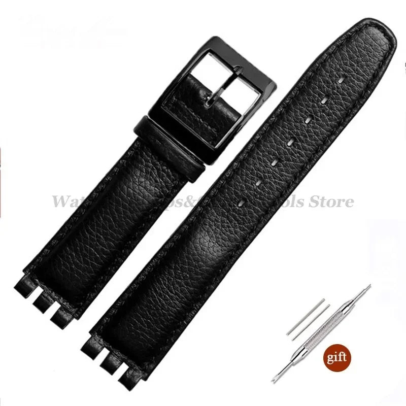 17mm Cowhide Leather Strap for Swatch Lychee Leather Watch Band for Men Women Belt Metal Buckle Replacement Bracelet Accessories