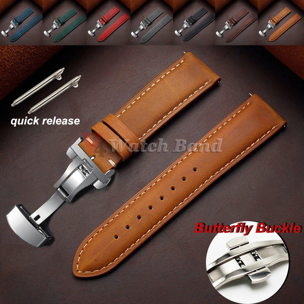 Genuine Calfskin Leather Band for Omega Business Watch Band for Seiko 14/16/18/20/22/24mm Butterfly Buckle Stitching Brown Strap