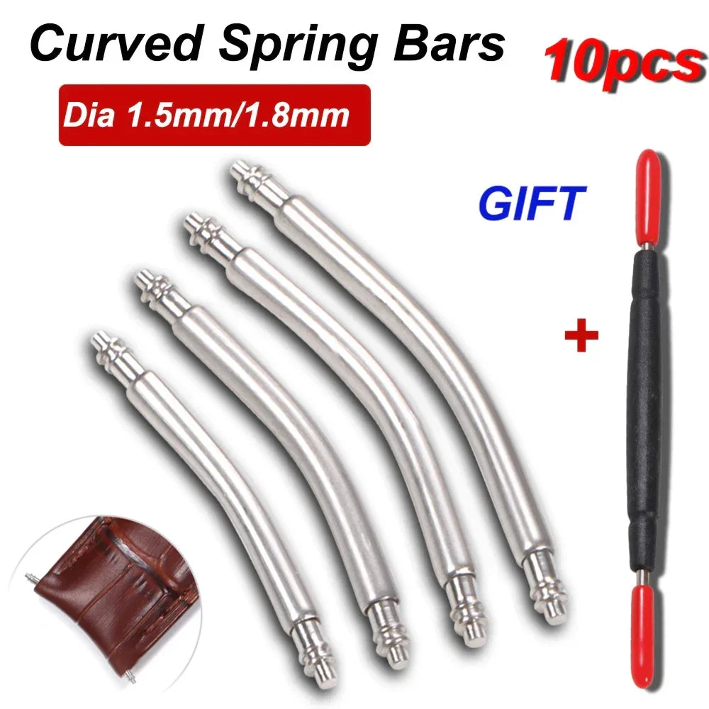 10pcs Curved End Spring Bar Dia 1.5mm 1.8mm Watch Strap Link Pins 18mm 20mm 22mm 24mm for Smart Watch Curved Band with Tool