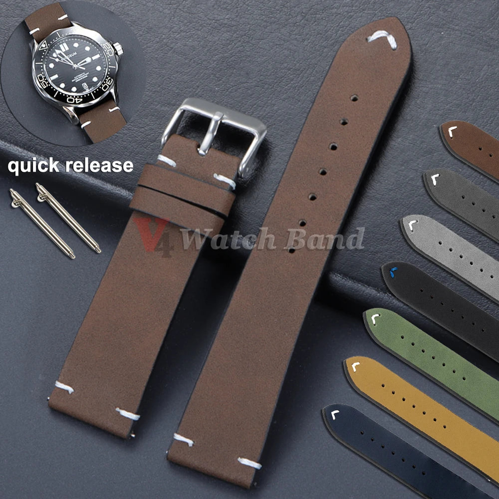 Vintage Matte Leather Watch Band for Seiko 20mm 22mm for Omega Handmade Stitching Cowhide Strap for Huawei Smartwatch Wristband