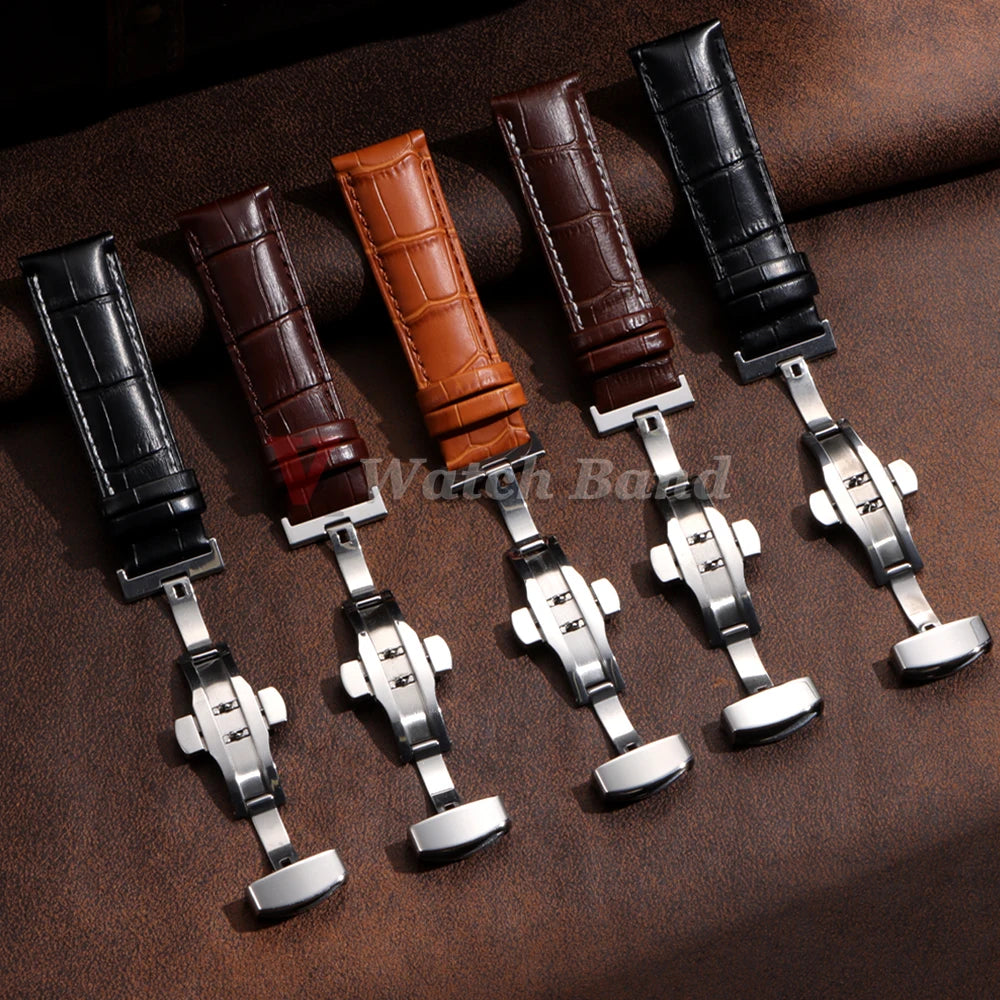 12/13/14/15/16/17/18/19/20/21/22/23/24mm Genuine Leather Strap with Box Bracelet Wristband Band Butterfly Clasp Watch Accessory