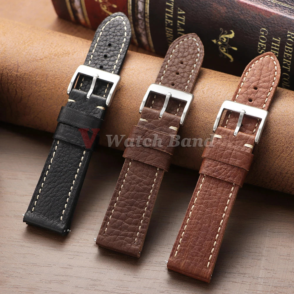 Genuine Cowhide Watch Strap for Samsung Galaxy Watch 6 5 4 Soft Dark Brown Retro Wristband for Seiko 20mm 22mm 24mm Bracelet