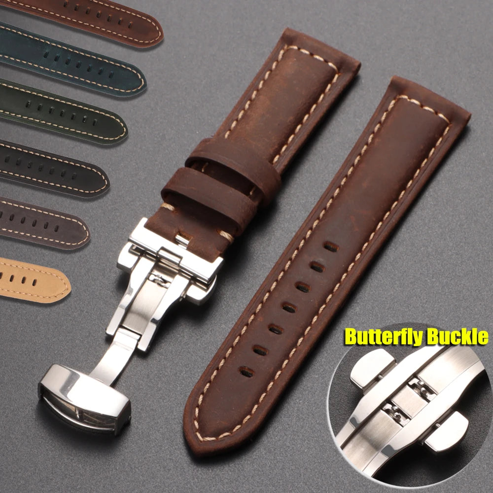 Retro Genuine Calfskin Watchband for Omega Business Watch Band 20mm 22mm 24mm 26mm Butterfly Buckle Stitching Blue Brown Strap