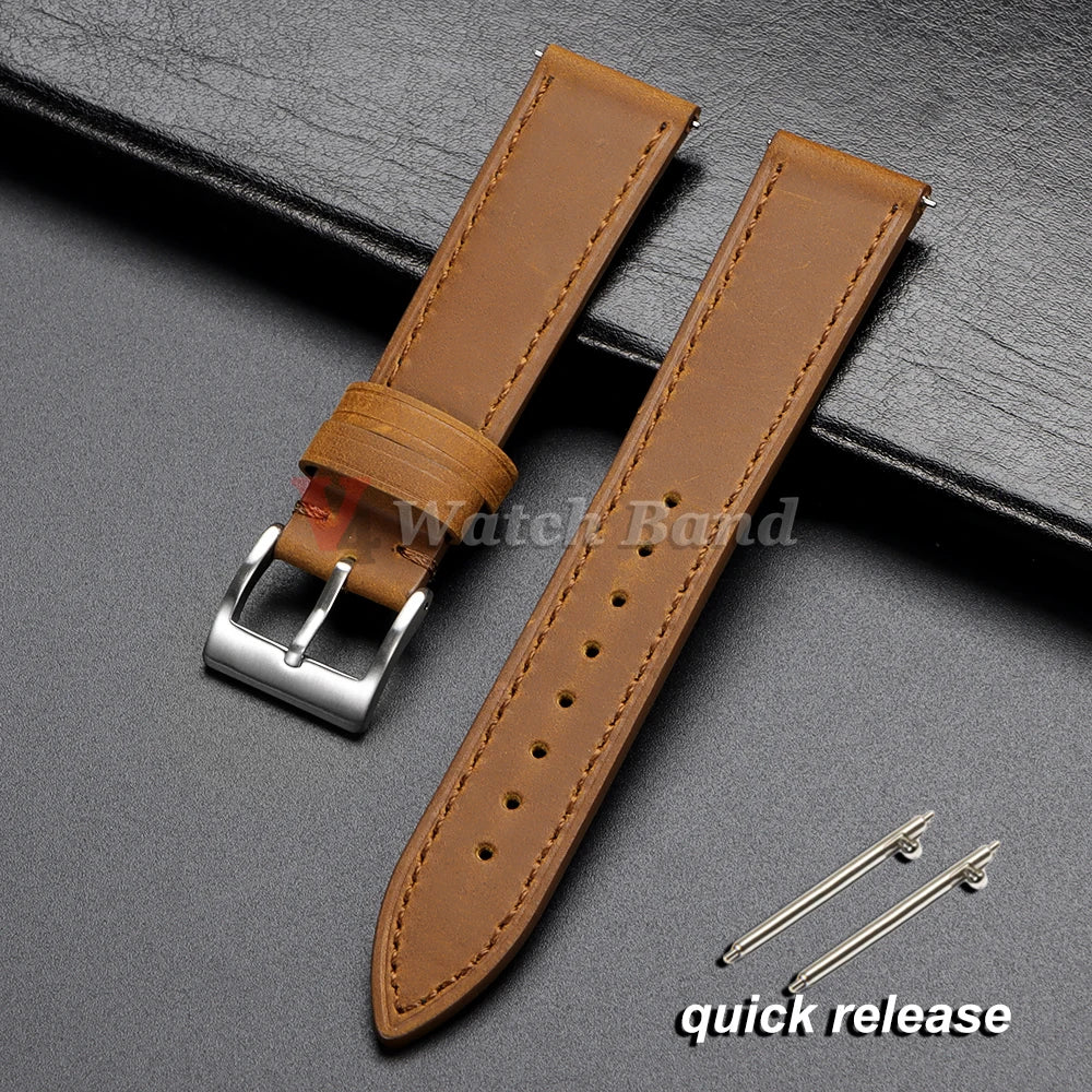 Genuine Cowhide Watch Strap 18mm 19mm 20mm 21mm 22mm 24mm for Samsung Galaxy Watch 7/6/5/4 Vintage Brown Quick Release Bracelets