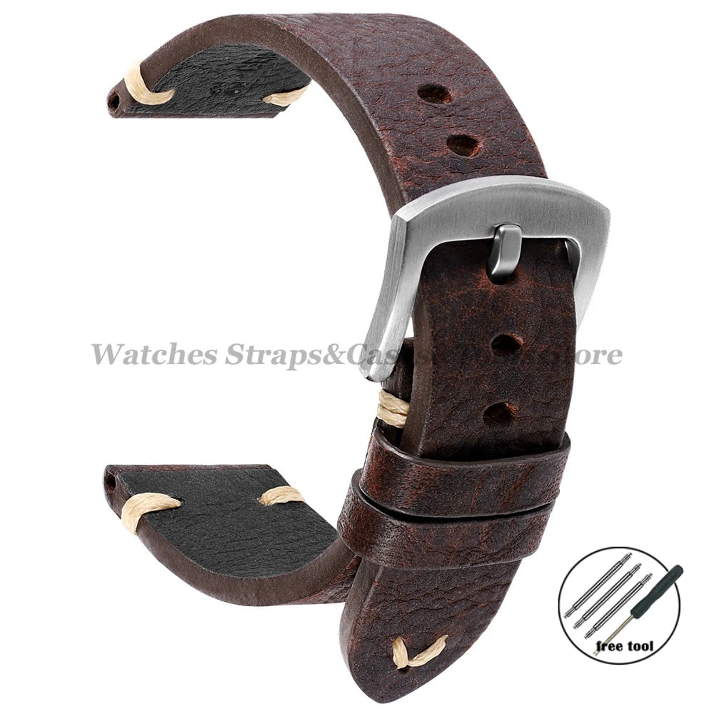 18mm 20mm 22mm Genuine Leather Watchband Old Black Brown Men Women Vintage Handmade Stitching Bracelet for Seiko for Omega Strap
