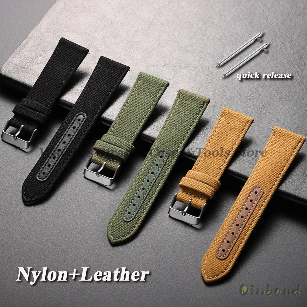 20mm 22mm Nylon Leather Watch Band High Quality Canvas Strap Military Sport Bracelet for Seiko Quick Release Universal Wristband