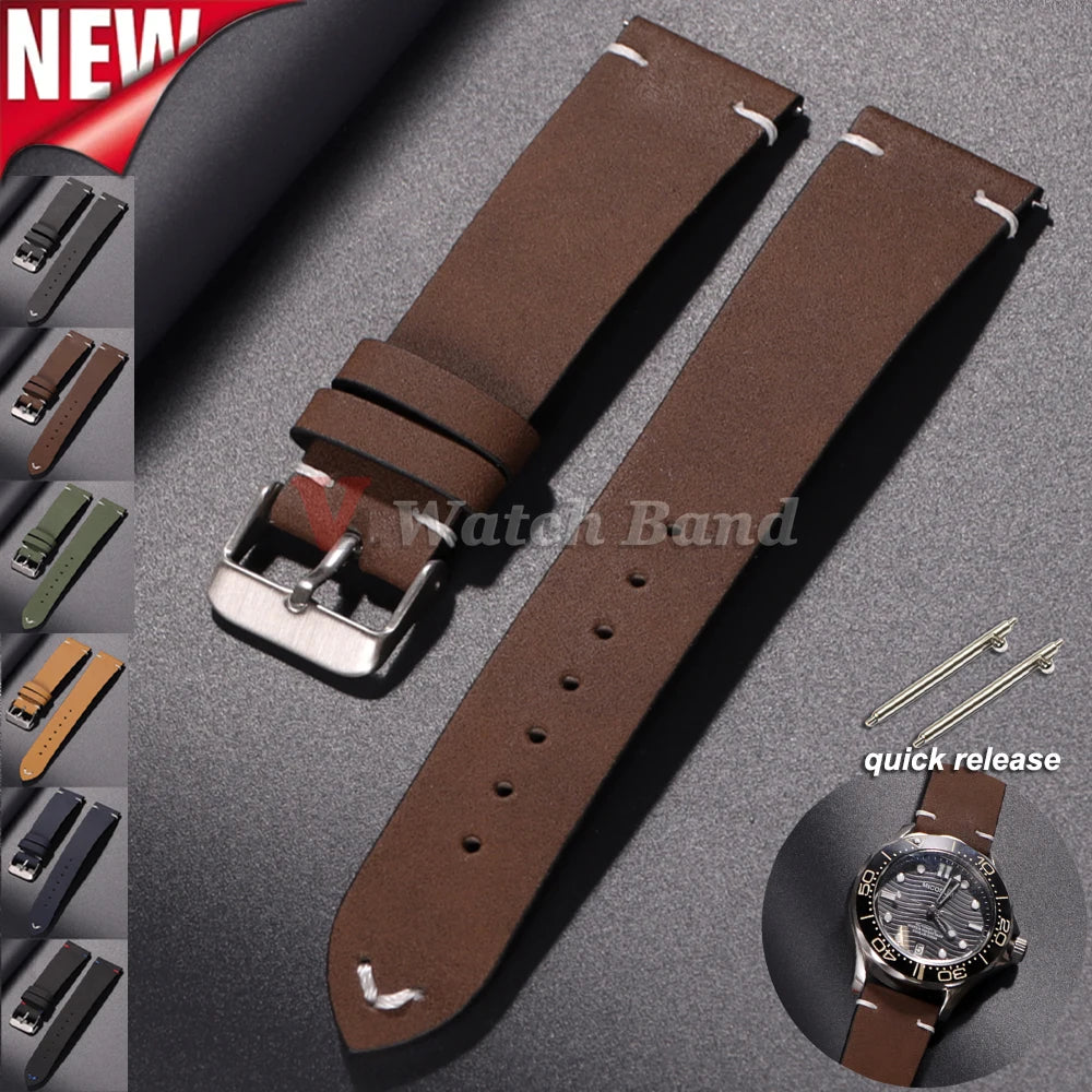 20mm 22mm Vintage Leather Watch Band Quick Release Straps Stitching Cowhide Strap for Omega Replacment Wrist Bracelet for Seiko