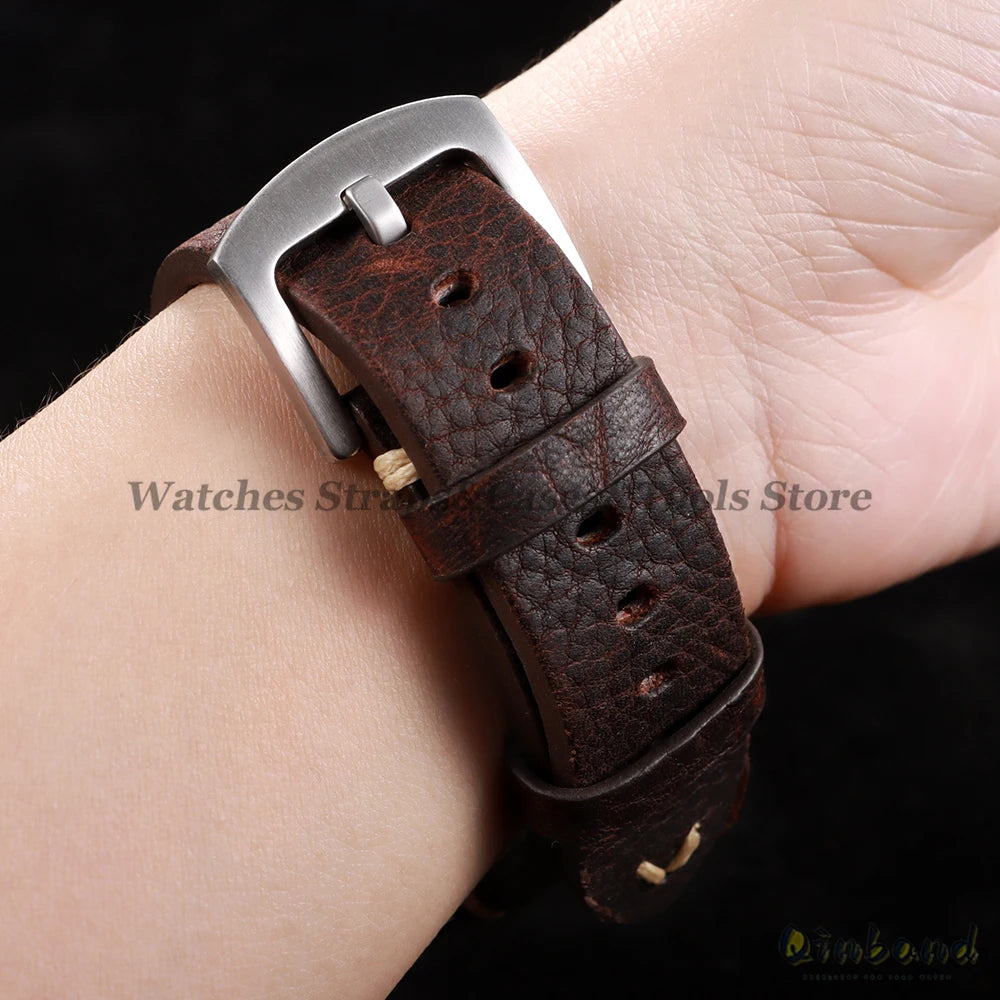 18mm 20mm 22mm Genuine Leather Watchband Old Black Brown Men Women Vintage Handmade Stitching Bracelet for Seiko for Omega Strap