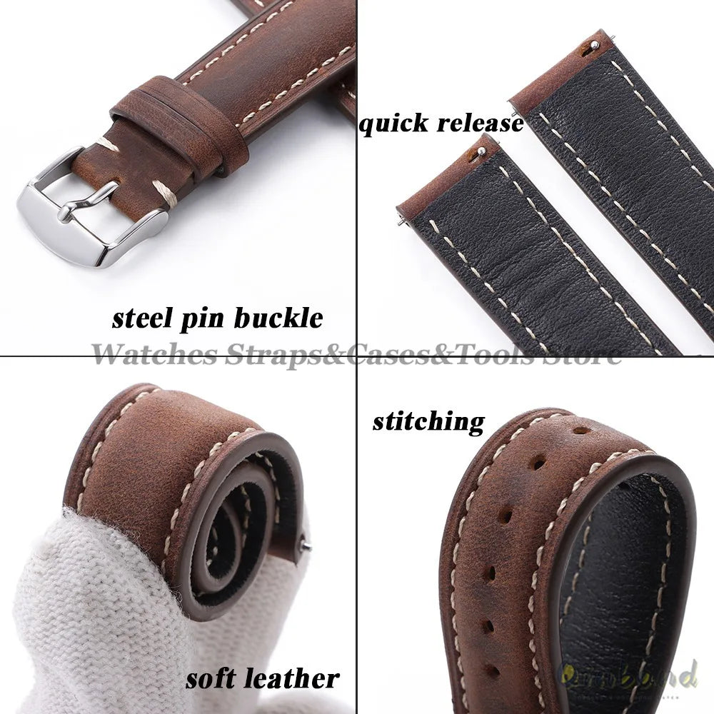 Vintage Cowhide Leather Watch Strap 14mm 16mm 18mm 20mm 22mm 24mm for Huawei WatchGT4/GT3 Stitching Brown Quick Release Bracelet