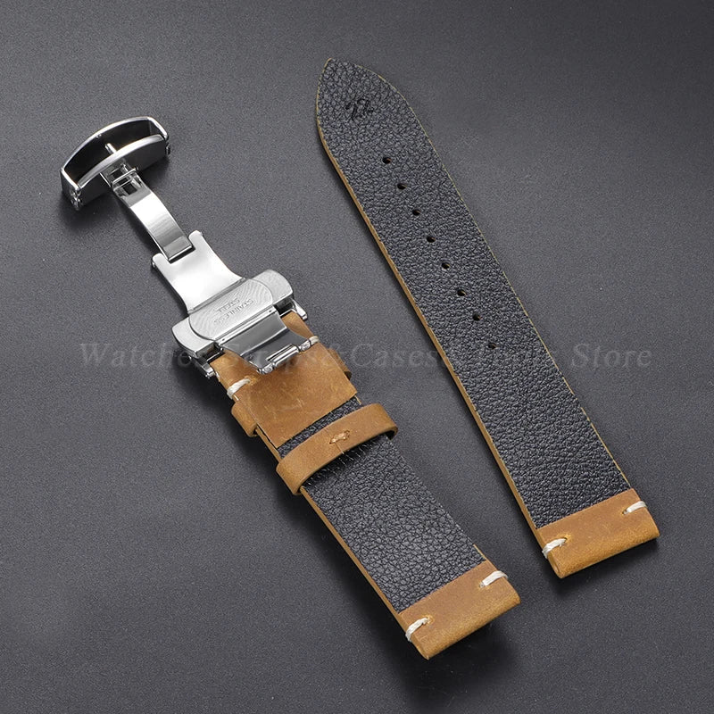 Stitching Cowhide Strap for Omega for Seiko 18/19/20/21/22/24mm Wrist Bracelet Vintage Brown Leather Watch Band Butterfly Buckle