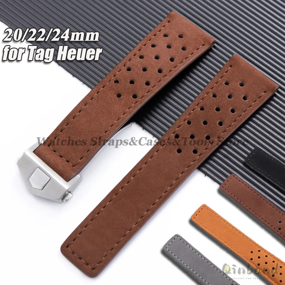 20mm 22mm 24mm Soft Genuine Cow Leather Watchband for Tag Heuer for Carrera Monaco Series Frosted Fold Buckle Men Women Straps