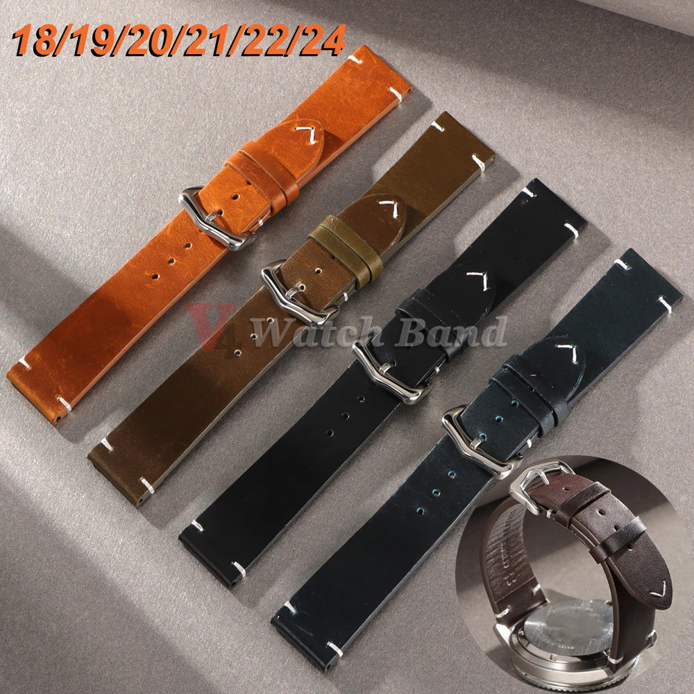 18mm 20mm 22mm Vintage Oil Wax Cowhide Watchband 19mm 21mm 24mm Replace for Omega Wristband Stitching Strap for Seiko Watch Band