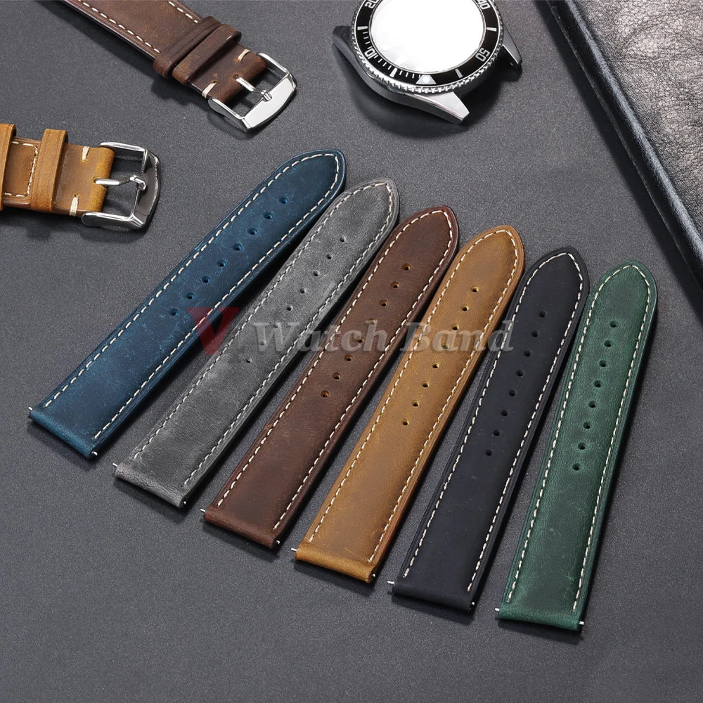 Cowhide Watch Strap 14mm 16mm 18mm 20mm 22mm 24mm Vintage Dark Brown Quick Release Watchband for Samsung Galaxy Watch 8/7/6/5/4