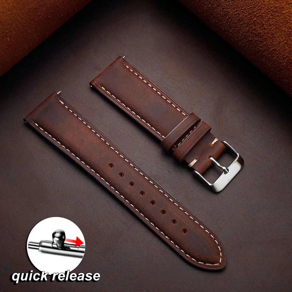 Cowhide Watch Strap 14mm 16mm 18mm 20mm 22mm 24mm Vintage Dark Brown Quick Release Watchband for Samsung Galaxy Watch 8/7/6/5/4