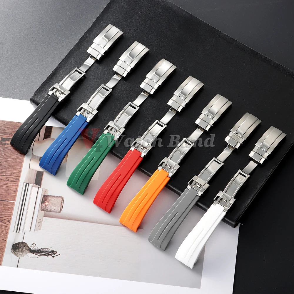 Arc Rubber Watchband 20 21mm 22mm for Rolex Daytona Yacht-Master Ultra Flexible Comfortable Silicone Folding Buckle Curved Strap