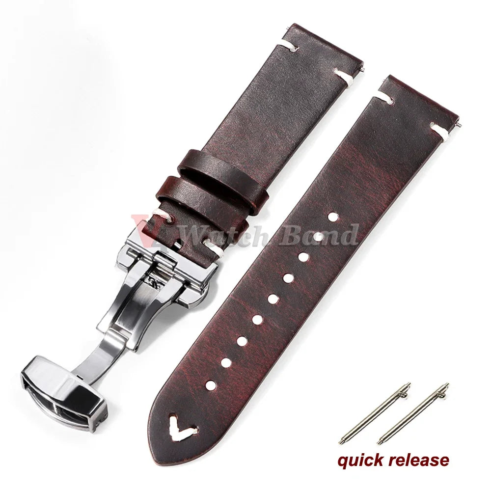 Oil Wax Stitching Cowhide Strap for Omega 18/20/22mm Quick Release Bracelet ForSeiko Vintage Leather Watch Band Butterfly Buckle