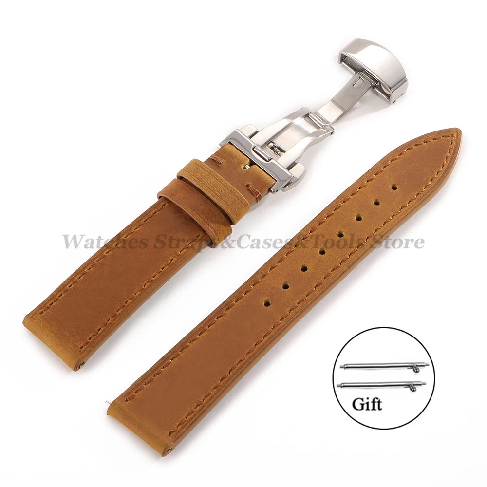 Crazy Horse Leather Watch Strap 18mm 19mm 20mm 21mm 22mm 24mm Butterfly Buckle Stitching Cowhide Strap for Seiko for Omega Belts