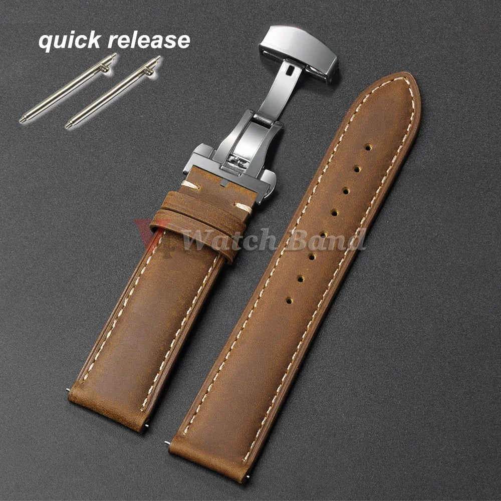 Genuine Calfskin Watchband for Omega Business Watch Band for Seiko 20/22/24mm Butterfly Buckle Stitching Brown Strap 14/16/18mm
