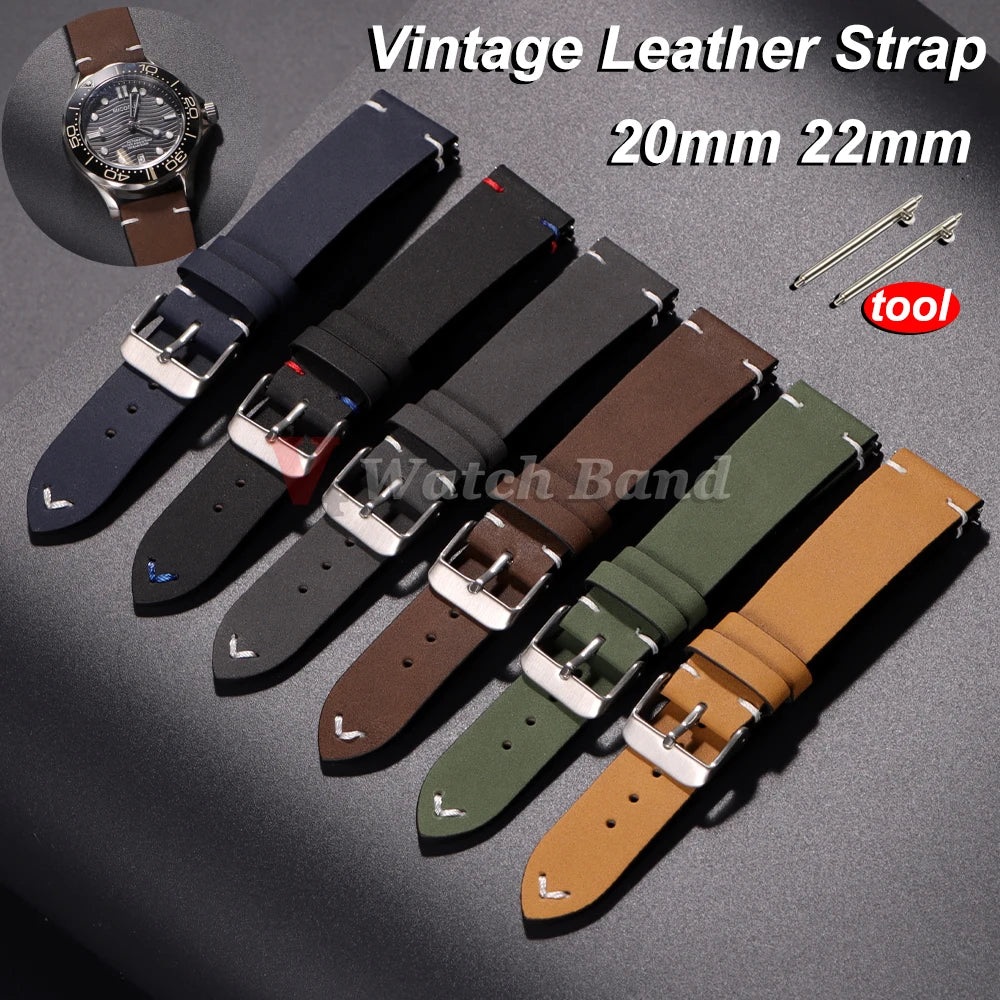 20mm 22mm Quick Release Vintage Leather Watch Band Handmade Stitching Cowhide Strap for Omega for Seiko Smartwatch Wristband