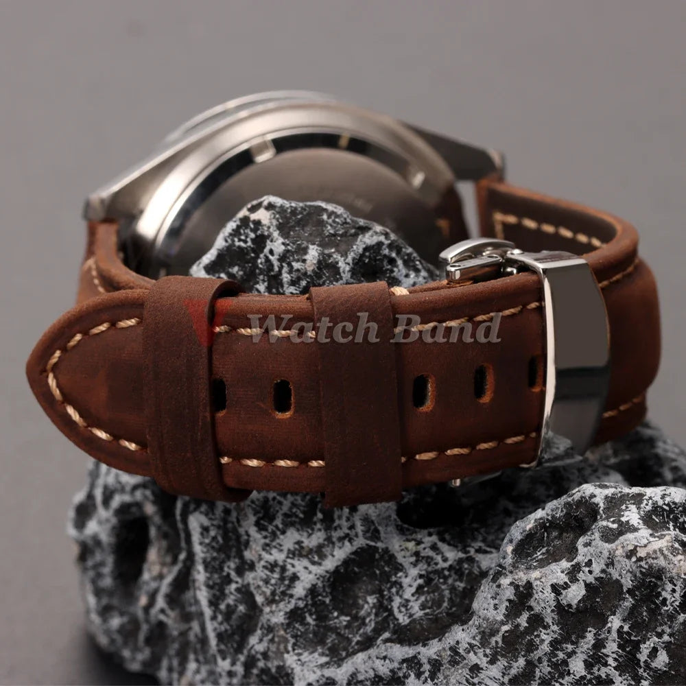 Retro Genuine Calfskin Watchband for Omega Business Watch Band 20mm 22mm 24mm 26mm Butterfly Buckle Stitching Blue Brown Strap