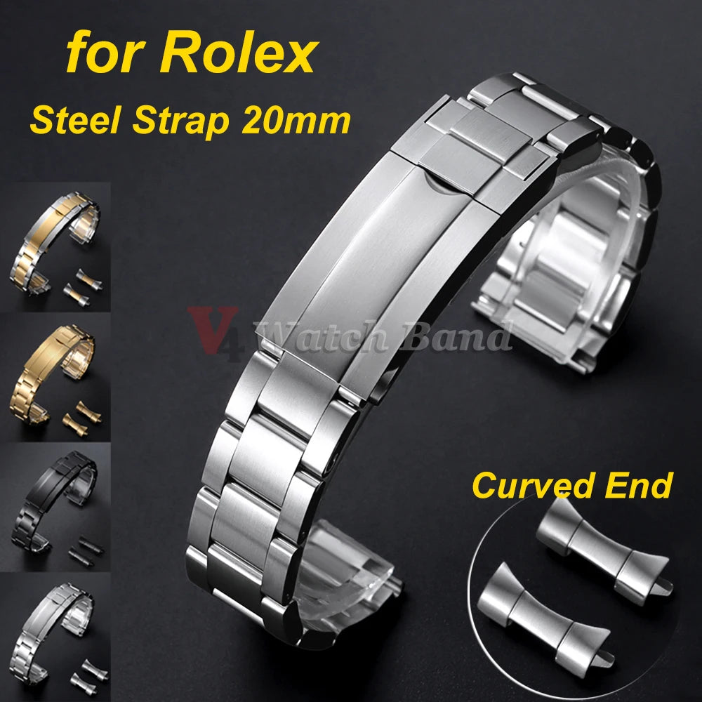 Curved End Metal Watch Strap 20mm for Rolex for Oyster Perpetual Stainless Steel Wrist Band Folidng Buckle Bracelet Accessories