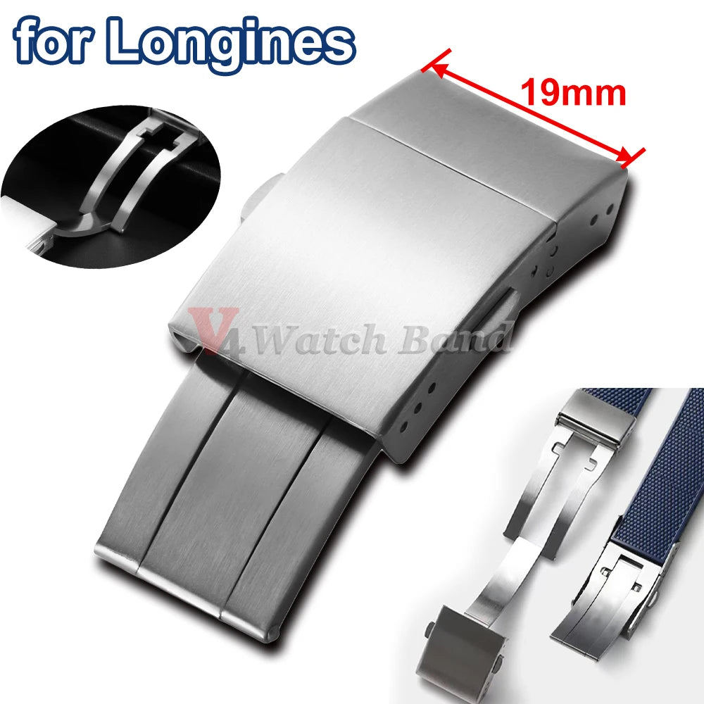 19mm Lucury Solid Buckle for Longines Conquest Rubber Watch Band Folding Stainless Steel Watch Silver Clasp for Silicone Strap