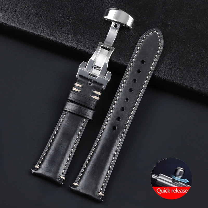 Stitching Cowhide Strap for Omega 20mm 22mm 24mm Yellow Wrist Bracelet for Seiko BlackVintage Leather Watchband Butterfly Buckle