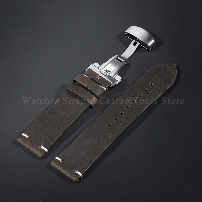 Stitching Cowhide Strap for Omega for Seiko 18/19/20/21/22/24mm Wrist Bracelet Vintage Brown Leather Watch Band Butterfly Buckle