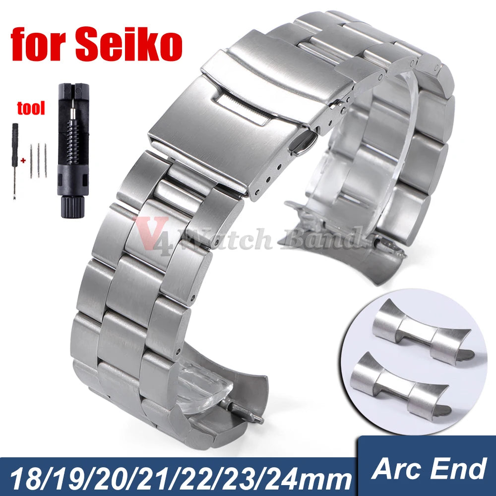 18/19/20/21/22/23/24mm 316L Stainless Steel Black Silver Arc End Watchband for Seiko Strap for Skx007/Skx009 Sport Belt Bracelet